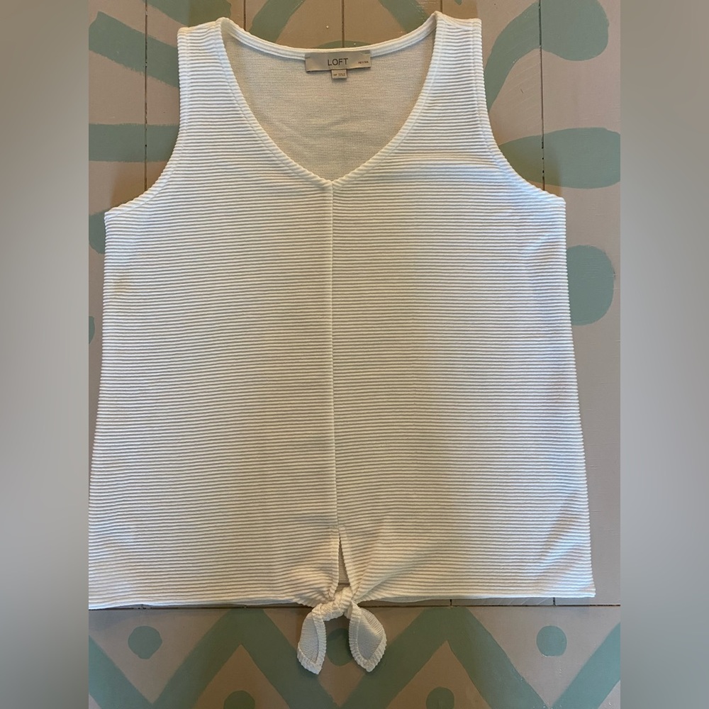 Loft White Ribbed Tie-Front Casual Tank Top Size Medium Petite